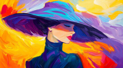 Obraz premium A chic woman in a dramatic hat poses gracefully with vibrant colors swirling around her