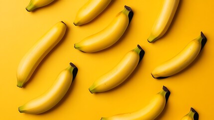 Scattered ripe bananas on a yellow background, creating a pattern, for food imagery