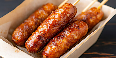 Grilled meat skewers, perfectly browned and presented in a wooden container, ready to be enjoyed as a tasty snack or appetizer.