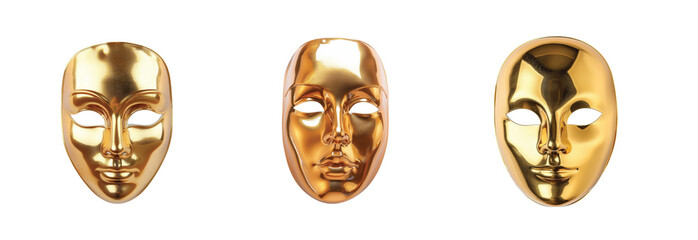 Trio of gold masks with smooth shiny surfaces and detailed facial features