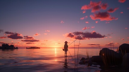 Fototapeta premium A photo of a 3D character with a fishing rod enjoy