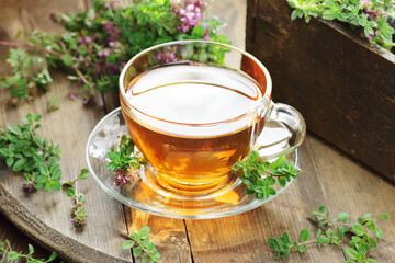 Thyme herbal tea in a glass cup with flowers on wooden rustic background, closeup, natural medicine and naturopathy concept