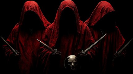 Mysterious figures in red hooded cloaks stand in the darkness, holding ritual daggers and a goat skull. Their faces are hidden in shadow, surrounded by Satanic symbols