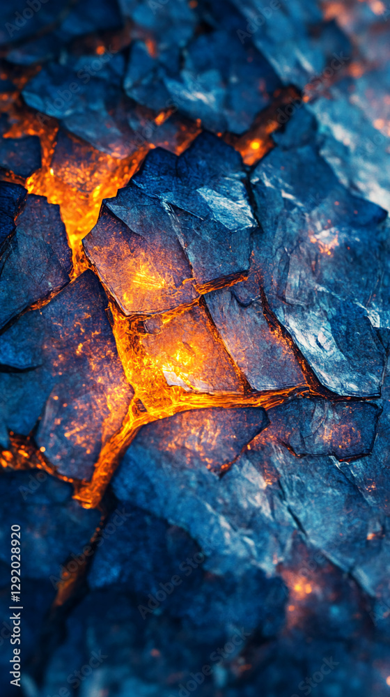 Poster close-up view of rock layers with glowing orange light breaking through the cracks, showcasing the c