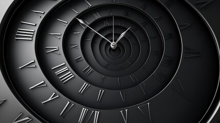 A modern, abstract black spiral clock dial with Arabic numerals, symbolizing infinity, deadlines, scheduling, and the connection between past, present, and future.