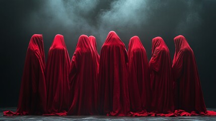 Figures in red robes, resembling cult members, stand against a dark backdrop with no visible faces, embodying the concept of the occult and sects