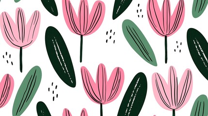 Seamless floral pattern of tulips, leaves on white. Background for website, print, or social media post