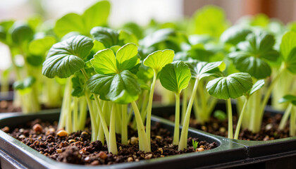Watercress seedlings growing in indoor garden, nurturing nature