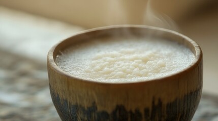 Steaming porridge in wooden bowl, blurred background