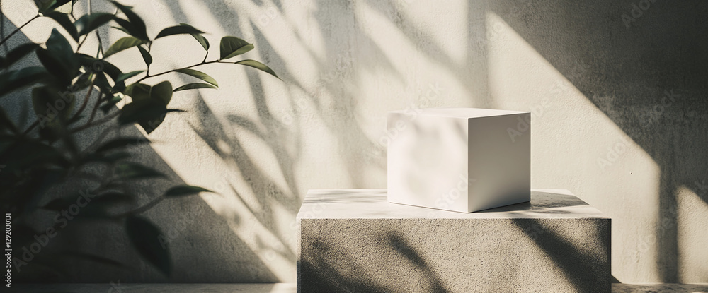 Poster minimalistic white square pedestal placed on a concrete surface with soft natural sunlight and shado
