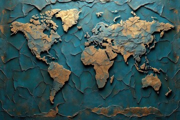 Obraz premium 3D embossed world map on teal textured background. Ideal for travel, global concepts, and design projects.