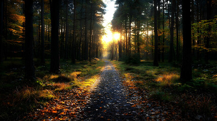 Obraz premium Sunlit forest path at sunrise, autumn leaves, misty background; nature scene