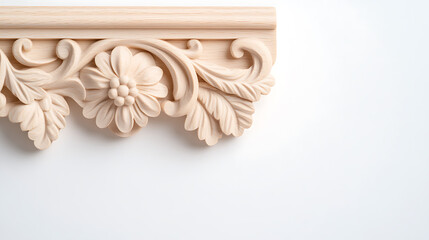 Naklejka premium Detailed woodworking piece with floral carvings. A pale wood accent against a white background with a classic decorative flourish.