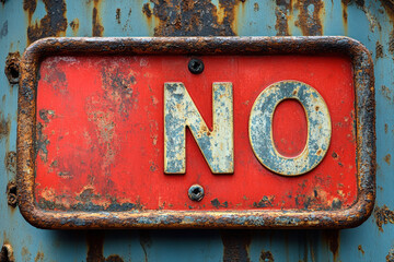 A rusty red sign with the word NO written on it