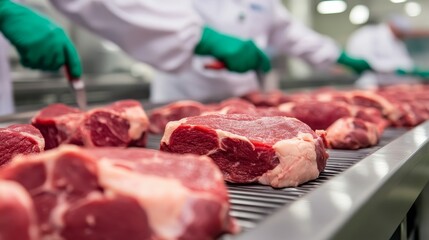butcher skillfully preparing fresh cuts of meat in a clean, well-lit processing facility