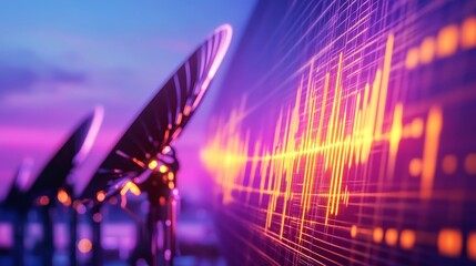 Colorful satellite dishes with soundwave patterns against a vibrant sunset background