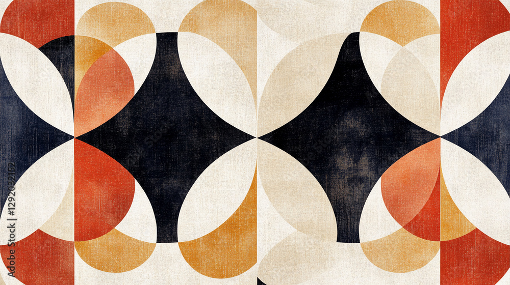 Poster abstract geometric pattern with curving shapes in warm tones of red, orange, and black, on a texture
