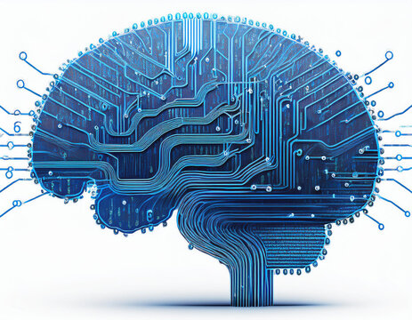 brain shaped network with blue circuit patterns binary code surrounding the shape isolated on white concept of technology and connection