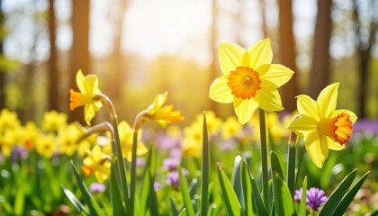 Fototapeta premium Bright daffodils blooming in spring meadow, seasonal beauty