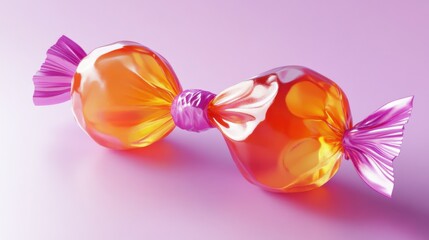 Fototapeta premium 3D vector icon of a fruit-flavored candy in a shiny wrapper, realistic textures and colors, light purple background