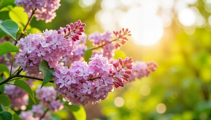 Obraz premium Blooming lilac bush in backyard garden during afternoon sunlight, Spring beauty