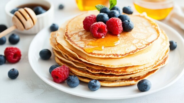 Delicious stack of pancakes topped with fresh raspberries and blueberries accompanied by honey and syrup in a cozy breakfast setting