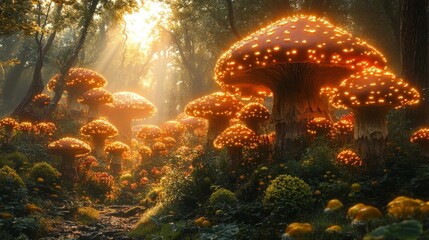 Radiant Glowing Mushrooms in an Enchanted Forest with Sunlight. Generative AI