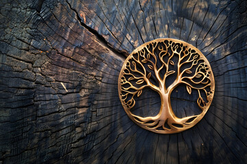 Golden tree of life emblem on wooden texture