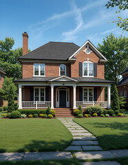 Magnificent red brick house with a spacious wraparound porch, elegant black roof, and lush green landscaping, surrounded by mature trees on a bright&nbsp;and&nbsp;sunny&nbsp;day.