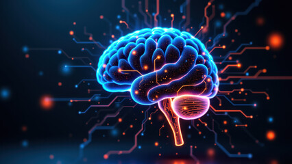 Fototapeta premium Computer graphic illustration of artificial general intelligence (AGI) brain with glowing blue circuitry against dark backdrop.