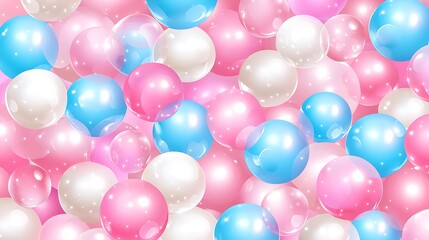 Shiny spheres in pink, blue, and white. Sweet background, wallpaper, or wrapping paper decoration