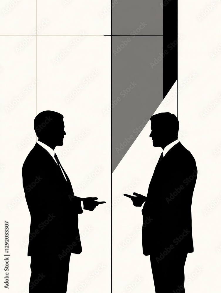 Poster business negotiation between two serious professionals discussing strategies in a modern office sett