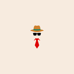 A man in a hat and tie and necktie icon flat vector design.