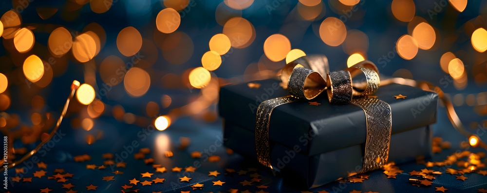 Poster elegant gift box with golden ribbon and sparkling bokeh