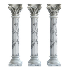 Fototapeta premium Three classical columns with intricate designs isolated on a Transparent background showcasing elegant architectural elements, columns pillars isolated on PNG background