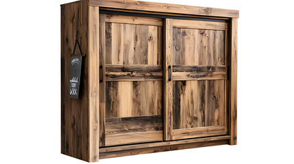 A wooden cabinet with a black and white sign on it. generated using AI