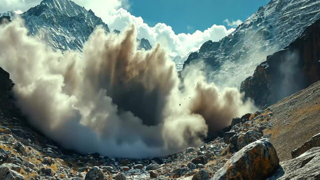 Massive rockslide occurs in a mountainous region, sending debris down into the valley below