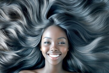 Fototapeta premium Pretty happy black girl - for ads, brochure and social apps use. Long haircut - highlighted hair. Commercial promotion creative. Beautiful black girl. Chic black model. Woman model.