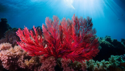 close up of vibrant marine red algae underwater aquatic plants underwater scene