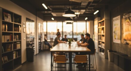 Blurred view, collaborative workspace with warm light and focused interaction