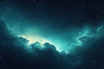 Dark teal interstellar nebula with glowing edges and starry backdrop