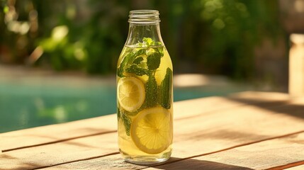 Refreshing Lemon & Mint Iced Tea Bottle by Pool