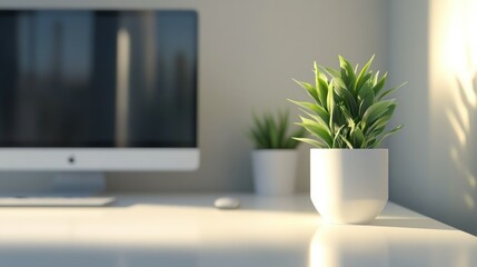 Modern workspace with potted plant, sunlight, city view