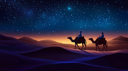 Camel caravan traversing serene desert dunes under a starry night, perfect for travel themes, spirituality events, or showcasing adventure and tranquility. Desert Caravan Under Stars. Illustration
