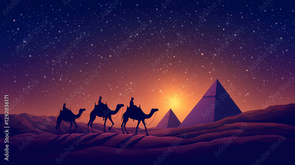 Wall mural silhouette of camel caravan traversing a desert landscape at sunset with pyramids in the background 