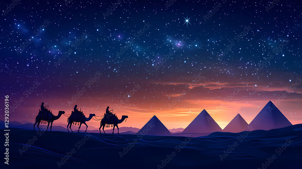 Wall mural silhouette of camel caravan traversing a desert landscape at sunset with pyramids in the background 