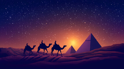 Silhouette of camel caravan traversing a desert landscape at sunset with pyramids in the background under a starry night sky. Desert Caravan Under Stars. Illustration