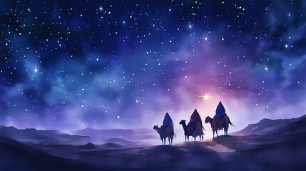 Fototapeta premium The three wise men journeying under the star of bethlehem, symbolizing the birth of jesus in a minimalistic watercolor painting. Desert Caravan Under Stars. Illustration