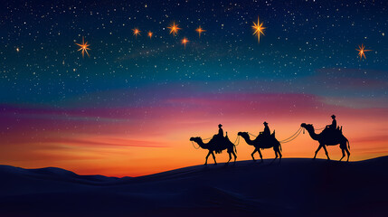 Fototapeta premium Three silhouettes of camel riders traversing a desert landscape at sunset under a starry sky. Desert Caravan Under Stars. Illustration