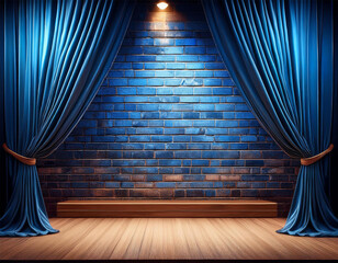 small stage concept with blue curtain and modern brick wall theater or stand up comedy background